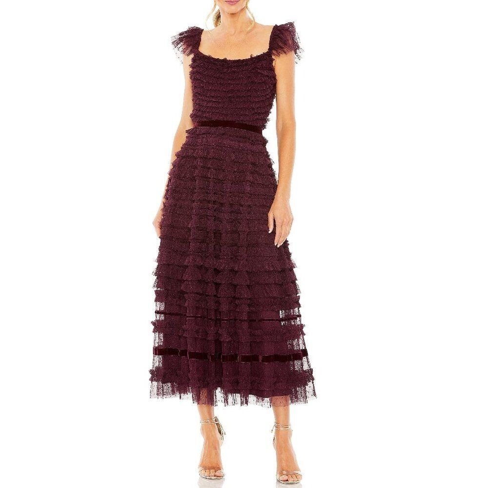 Mac Duggal 8054 Size 10 Amethyst Ruffle Tulle Cap Sleeve Tiered Party Midi Dress - Picture 3 of 12